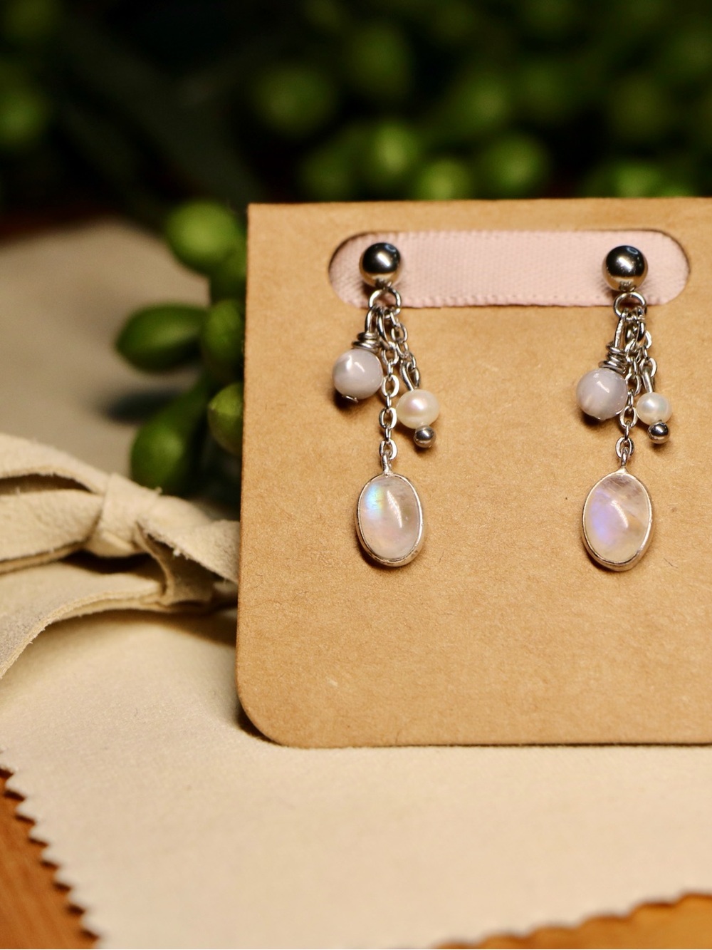 SS Moonstone Drop Earrings with Cultured Fresh Water Pearl Accents - Picture 2 of 3